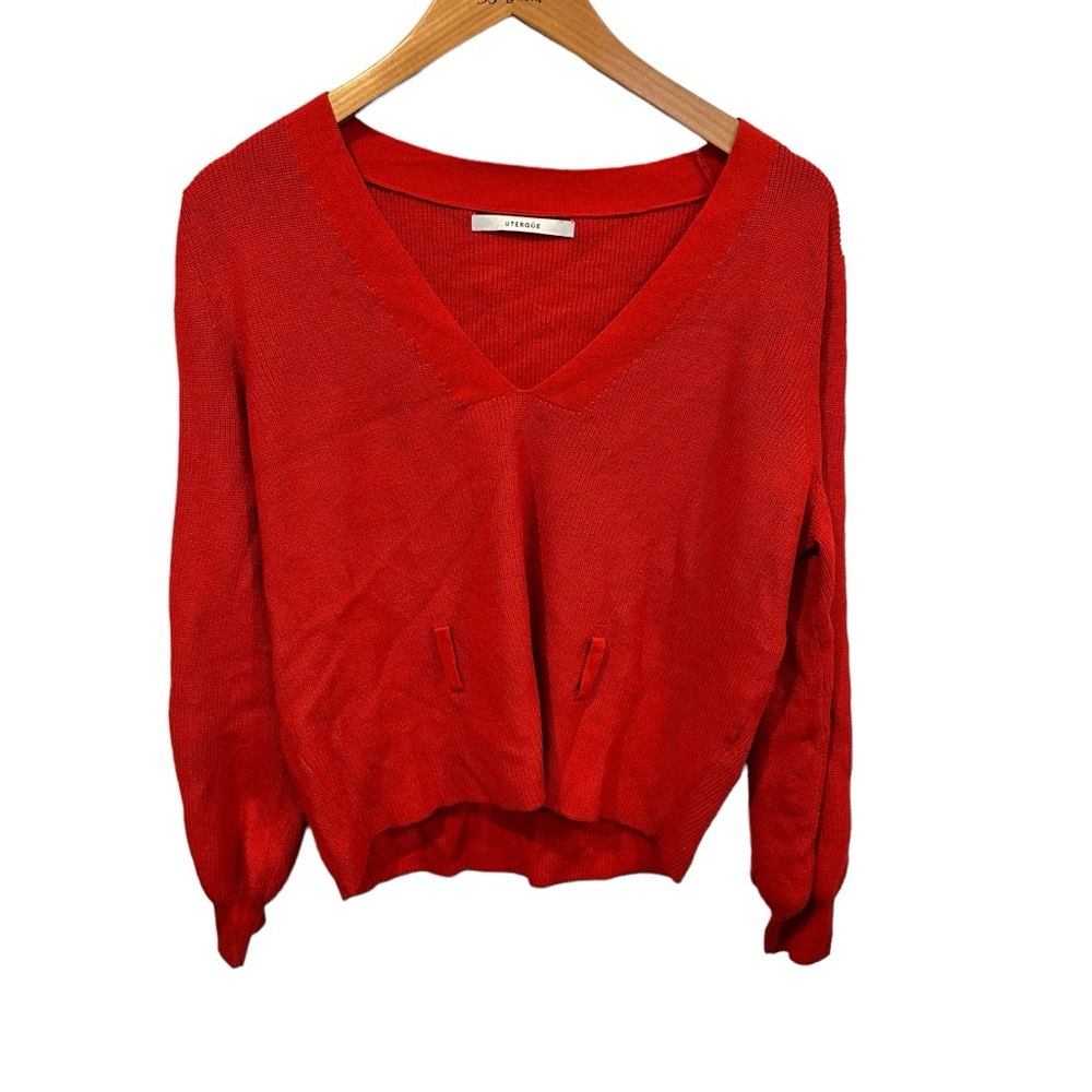 uterque red v neck pull on sweater‎ knit silk cotton 	soft women’s luxe small